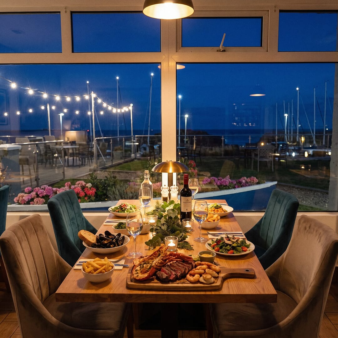 Table set for a group dinner at Saltwater, with seafood and wine and the lit marina outside