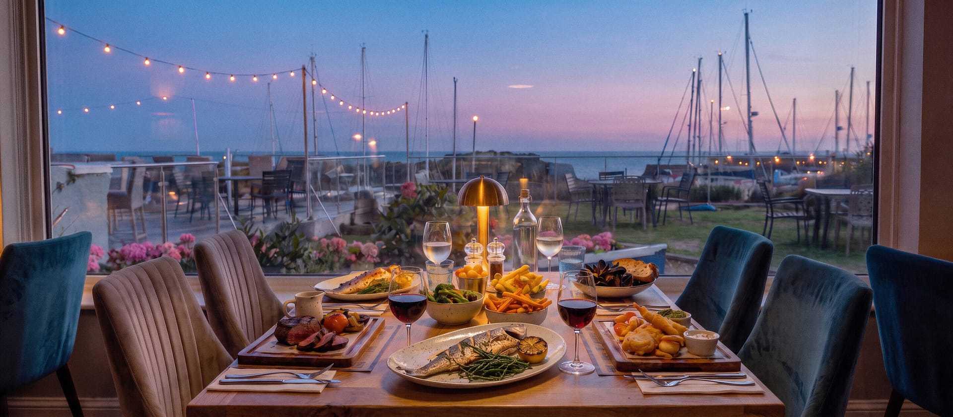 Dinner table at Saltwater at dusk, looking out over Beaucette Marina