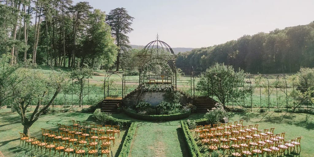 chateau bournel ceremony, Bridgerton Garden wedding