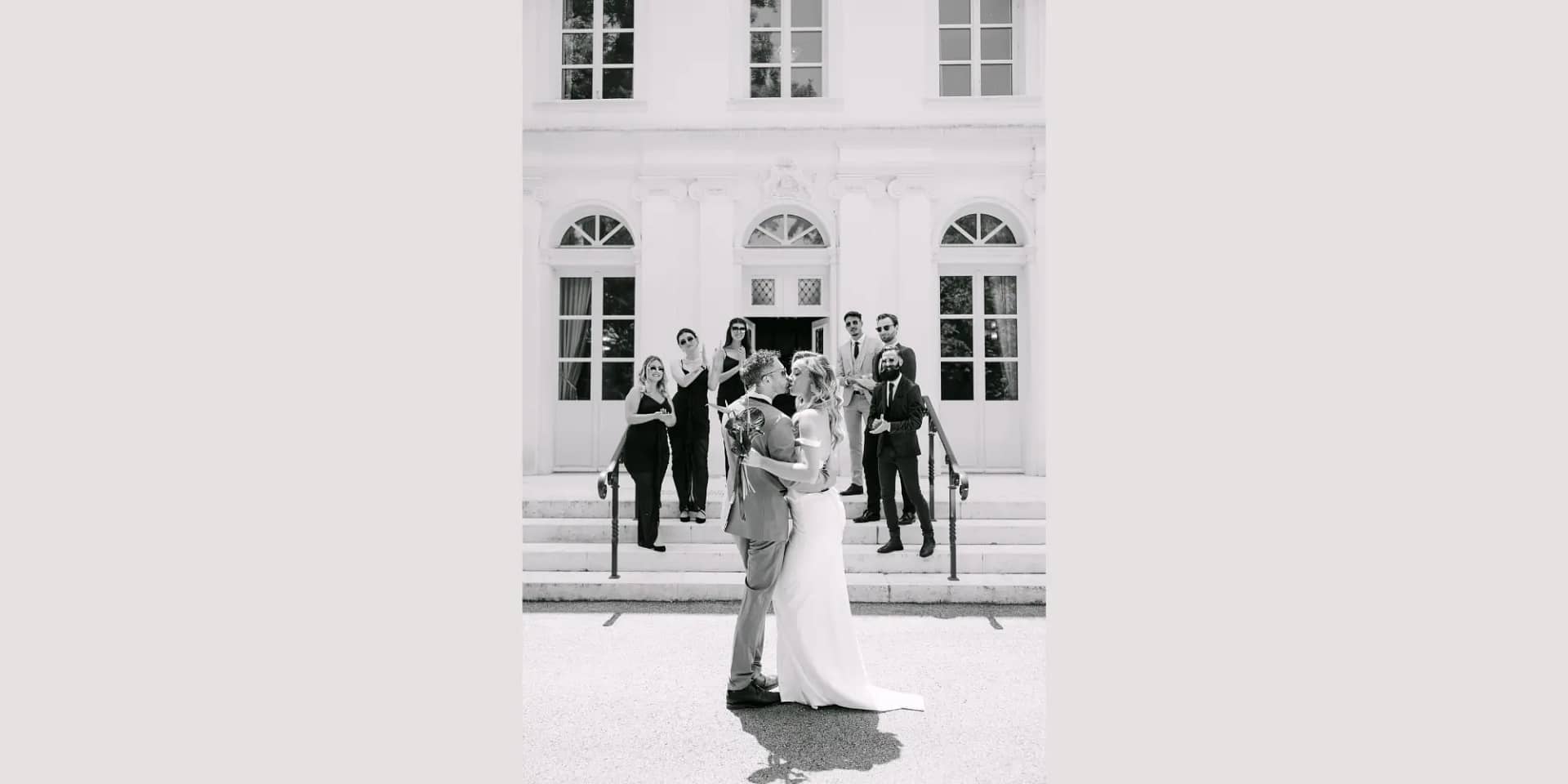 Couple getting married outside a chateau in the pyrenees
